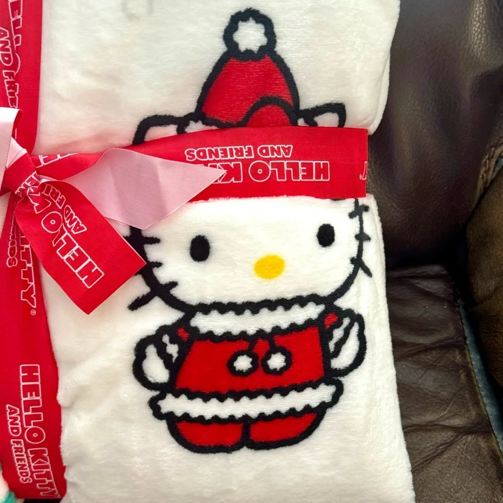 Hello Kitty in Santa Suit with Christmas Trees 60” x 90” Plush Christmas Blanket